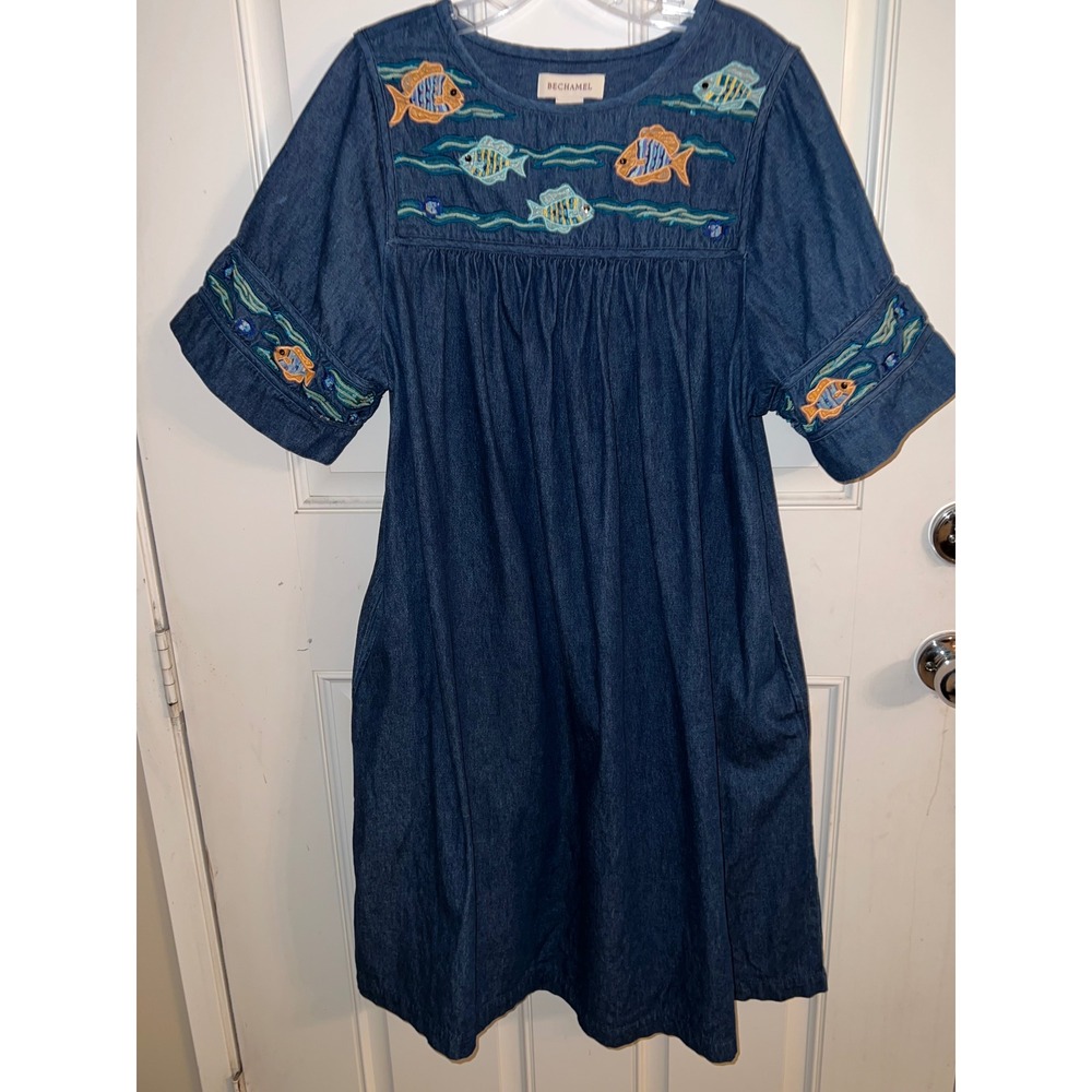 Bechamel Denim Fish Embroidered Beaded Shift Teacher Grandmacore  Dress Pockets